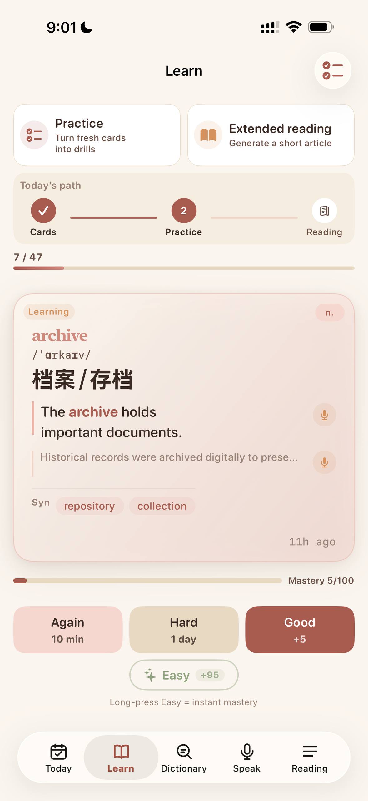 Learn — flashcards with SRS