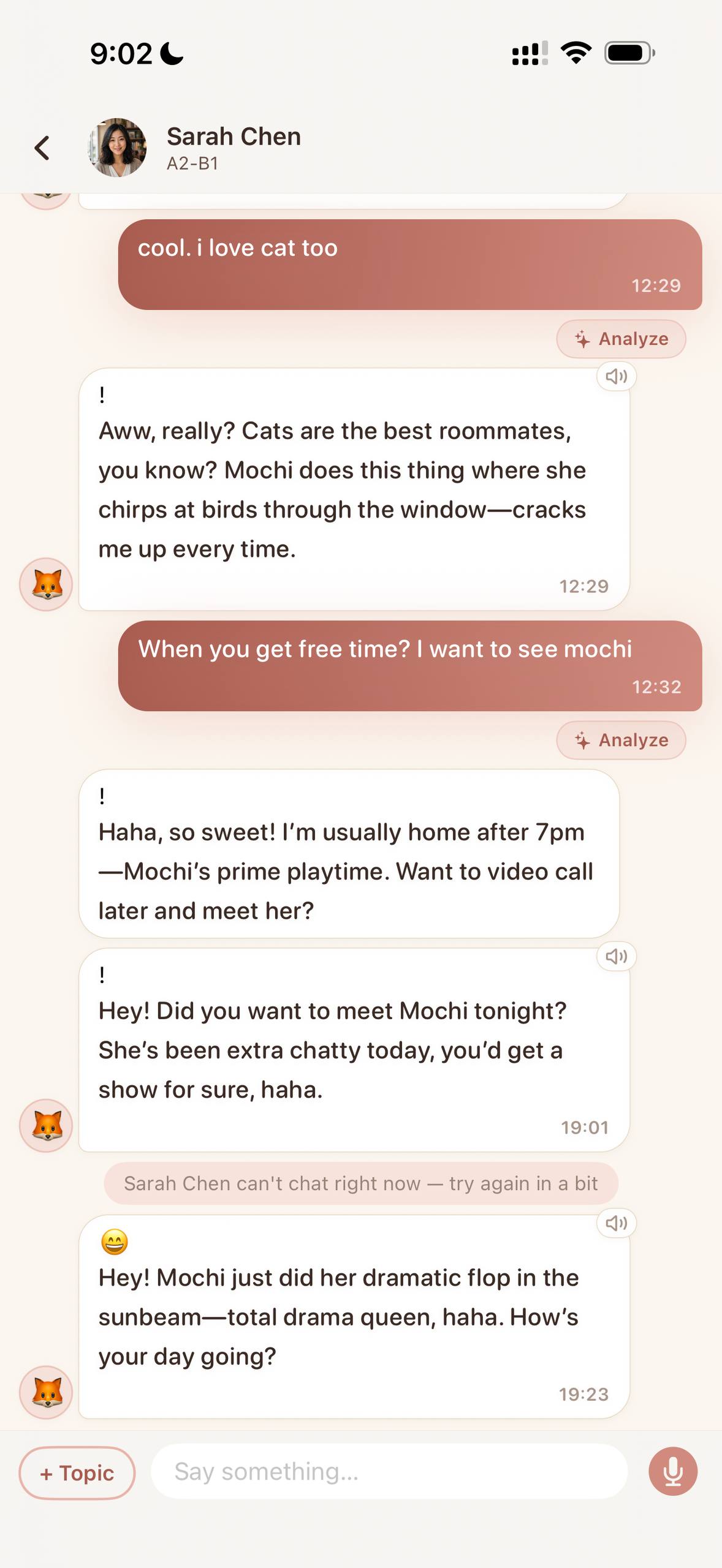 HiWord Talk — chatting with Sarah Chen, A2-B1 level