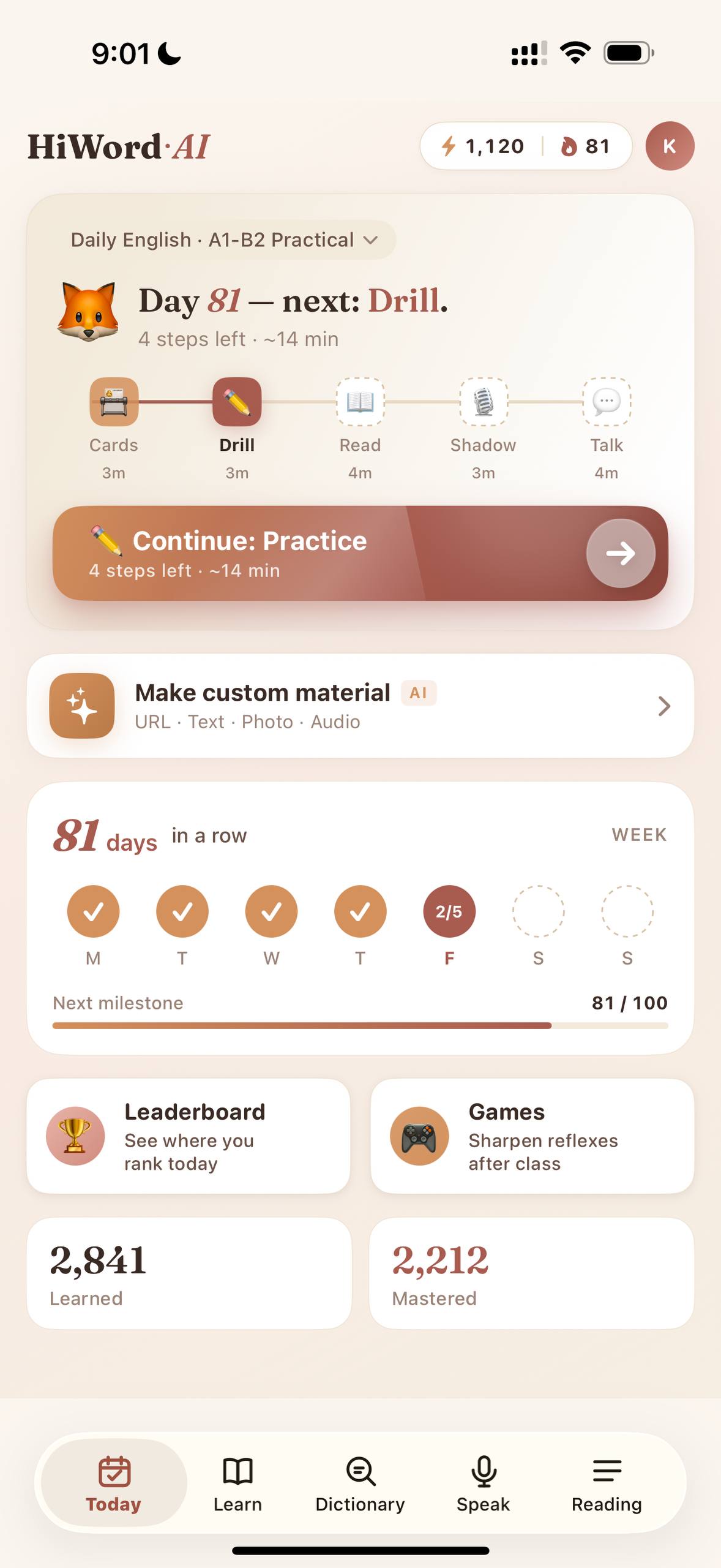 HiWord iOS Today screen — Daily English path, fox coach